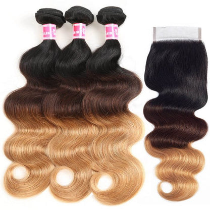 Ombre Hair 1B/4/27 Color Body Wave Human Hair 3 Bundles With 4x4 Lace Closure