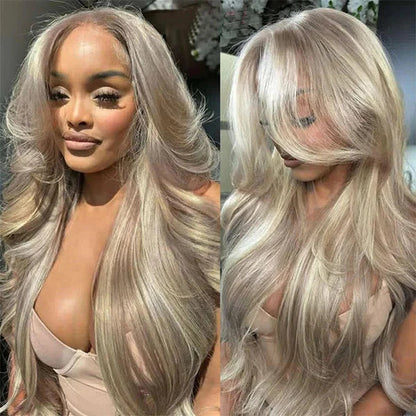 Curtain Bangs Blonde Hair With Highlights Wig Body Wave Glueless HD Lace Human Hair Wigs