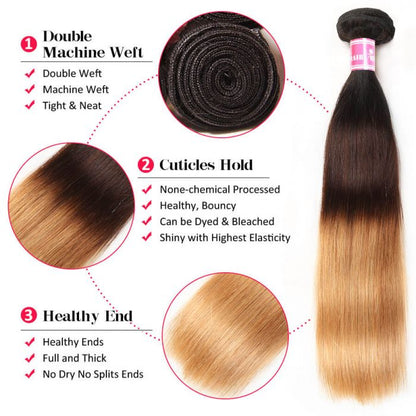 Ombre Hair 1B/4/27 Color Straight Human Hair 3 Bundles With 4x4 Lace Closure