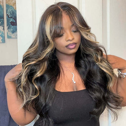 Highlight Honey Blonde Lace Wig  Curtain Bangs Wigs Colored Body Wave Human Hair Wig 13x4/5x5 HD Lace Closure Wigs