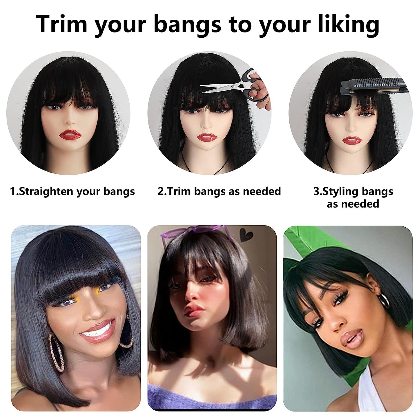 Glueless Human Hair Wigs with Bangs Straight Bob 2x4 HD Lace Wigs With Bangs