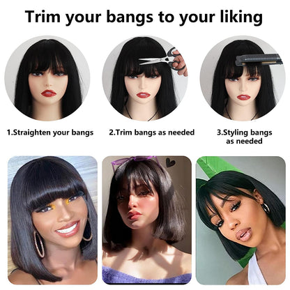 Glueless Human Hair Wigs with Bangs Straight Bob 2x4 HD Lace Wigs With Bangs