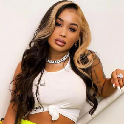 Skunk Stripe Wig with Honey Blonde Highlights Body Wave 13*4 Human Hair Lace Frontal Wig