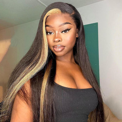 Skunk Stripe Wig with Honey Blonde Highlights Straight 13*4 Human Hair Lace Frontal Wig