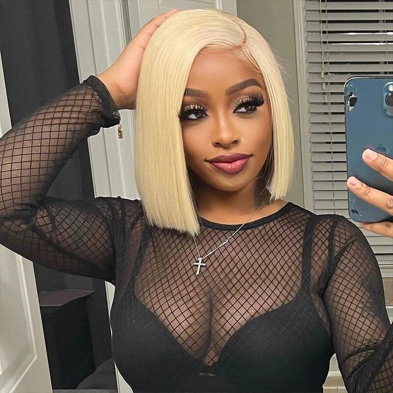 613 Blonde Straight Human Hair HD Transparent 13x4 Lace Front Short Bob Wigs