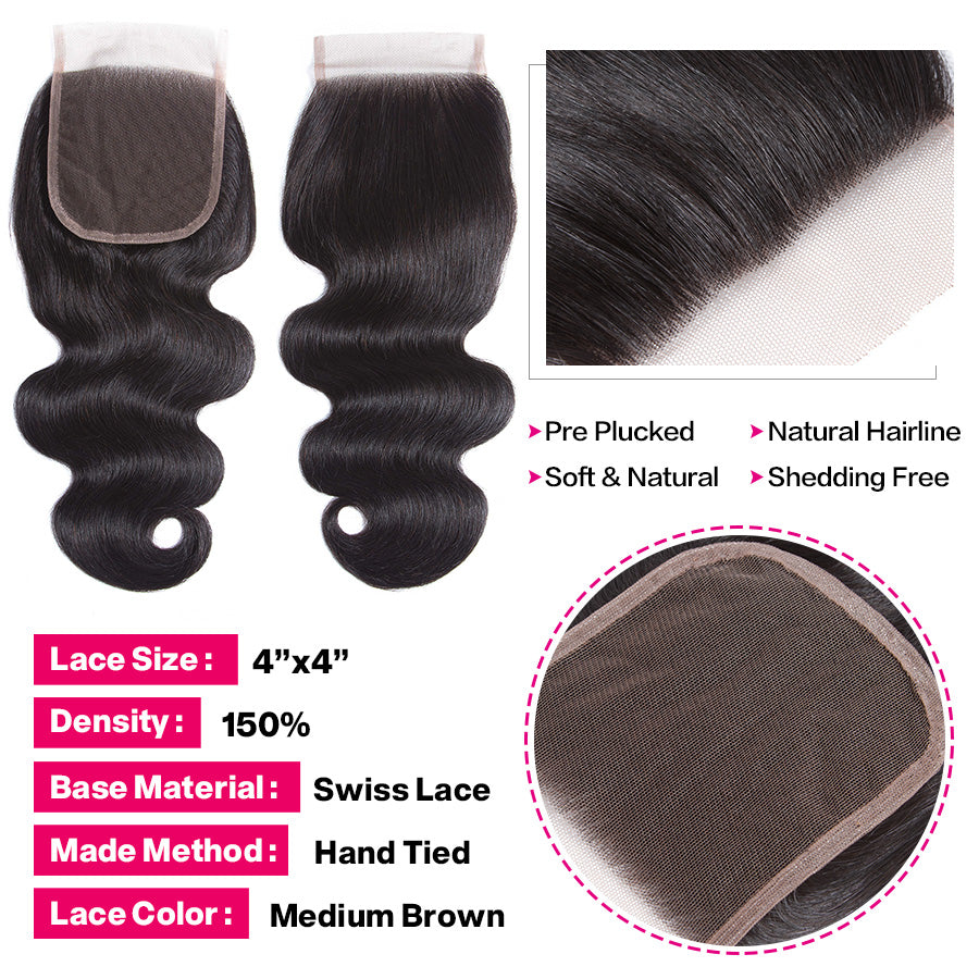 Body Wave Human Hair 3 Bundles With 4x4 Lace Closure