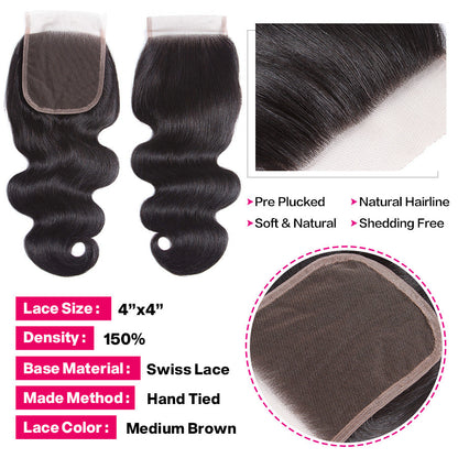 Body Wave Human Hair 3 Bundles With 4x4 Lace Closure