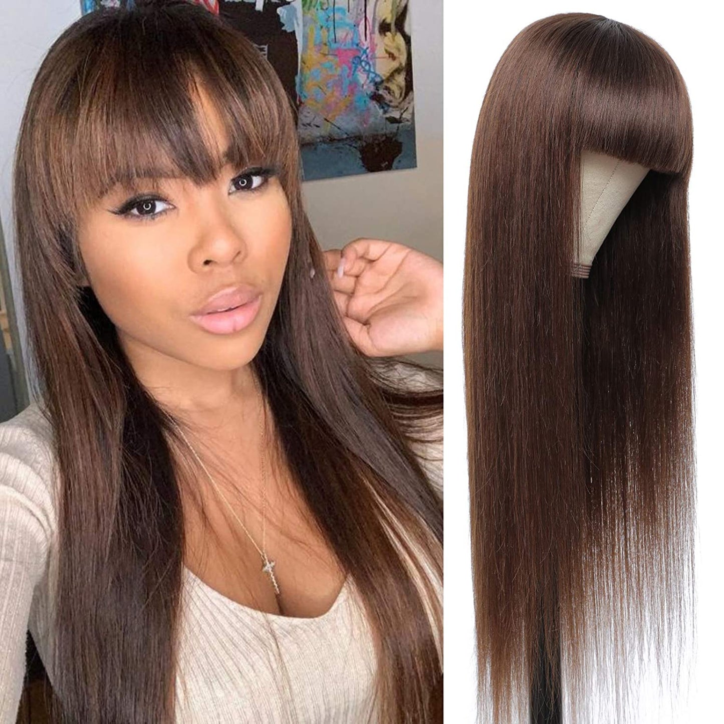 Glueless Brown Human Hair Wigs Straight Wig With Bangs Beginner Friendly