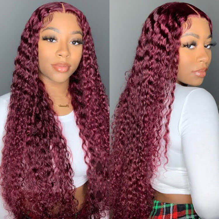 Deep Wave 13x4 HD Lace Front Wigs Burgundy 99J Color Human Hair Wigs With Pre-plucked Hairline