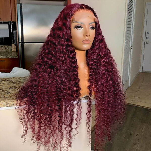 Deep Wave 13x4 HD Lace Front Wigs Burgundy 99J Color Human Hair Wigs With Pre-plucked Hairline