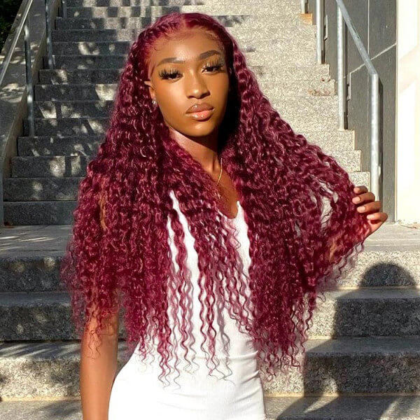 Deep Wave 13x4 HD Lace Front Wigs Burgundy 99J Color Human Hair Wigs With Pre-plucked Hairline