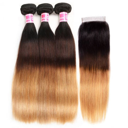 Ombre Hair 1B/4/27 Color Straight Human Hair 3 Bundles With 4x4 Lace Closure