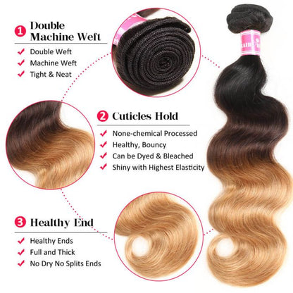 Ombre Hair 1B/4/27 Color Body Wave Human Hair 3 Bundles With 4x4 Lace Closure