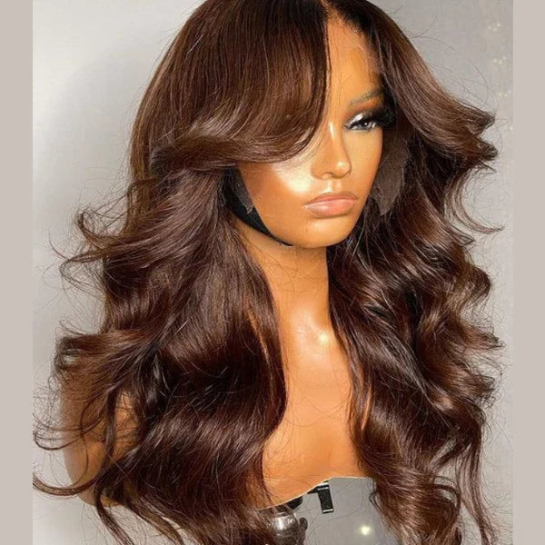 Curtain Bangs Glueless HD Lace Wig Chic Retro Chestnut Brown Body Wave Human Hair Wigs