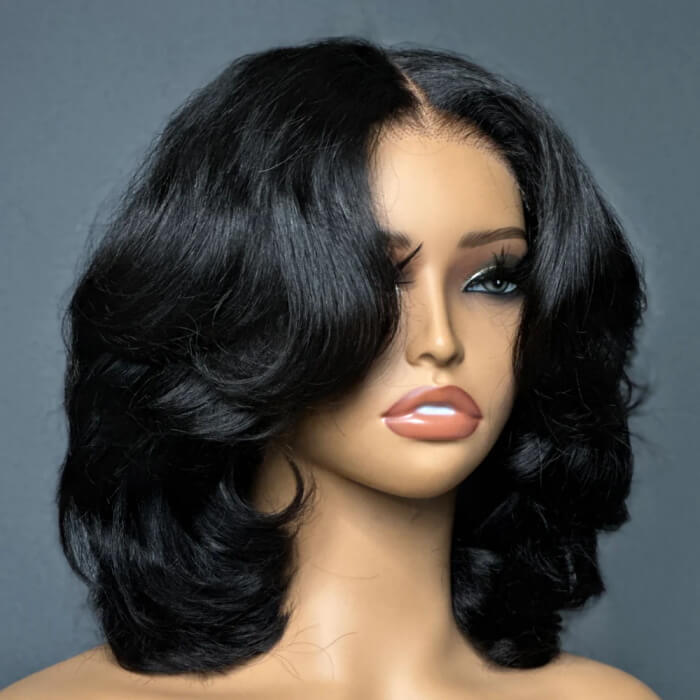 Curtain Bangs Short Wig Chic Retro Body Wave Glueless HD Lace Human Hair BOB Wigs