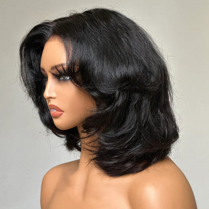 Curtain Bangs Short Wig Chic Retro Body Wave Glueless HD Lace Human Hair BOB Wigs