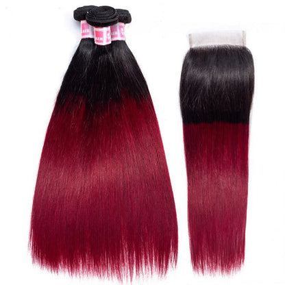 Subella Hair T1B/99j Ombre Straight Human Hair 3 Bundles With 4x4 Lace Closure