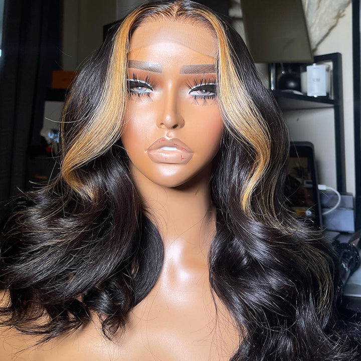 14Inch $89.9 Skunk Stripe Body Wave Bob Wig Human Hair Wigs 13x4 Transparent HD Lace Wig 180% Density