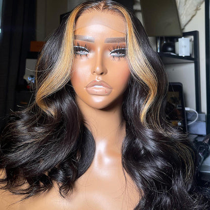 14Inch $89.9 Skunk Stripe Body Wave Bob Wig Human Hair Wigs 13x4 Transparent HD Lace Wig 180% Density