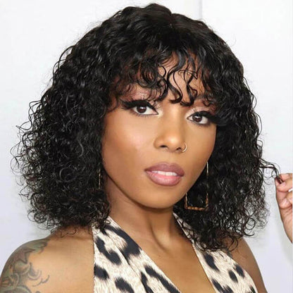 Curly Bob Wig With Bangs Full Machine Made For Women Fringe Wigs Non-Lace Wig