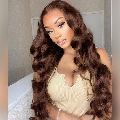 #4 Chocolate Brown Wig Body Wave Human Hair Colored Wigs HD Transparent Lace Closure Wigs