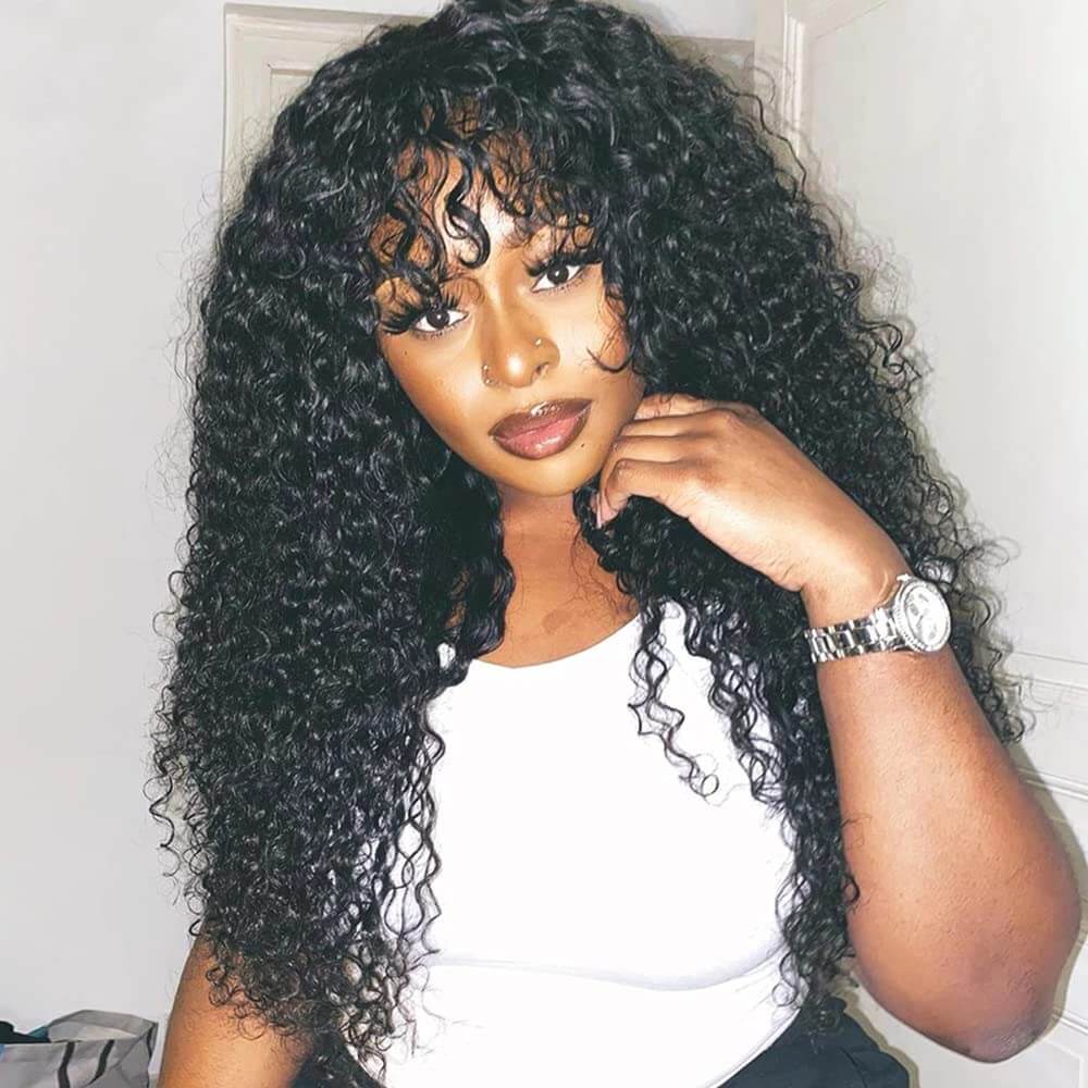 Curly Human Hair Wigs With Bangs Top Lace Front Human Hair Wigs 180% Density