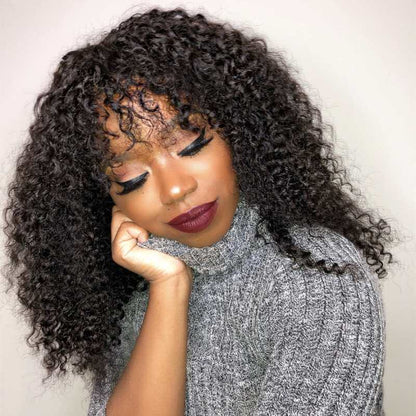 Curly Human Hair Wigs With Bangs Top Lace Front Human Hair Wigs 180% Density