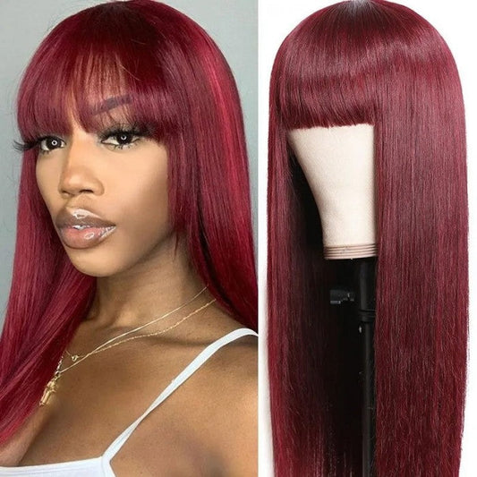 #99J Straight Human Hair Wigs With Bangs Top Lace Wig With Bangs