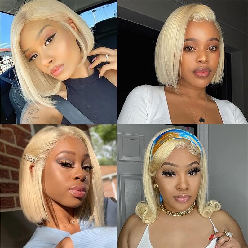 613 Blonde Straight Human Hair HD Transparent 13x4 Lace Front Short Bob Wigs