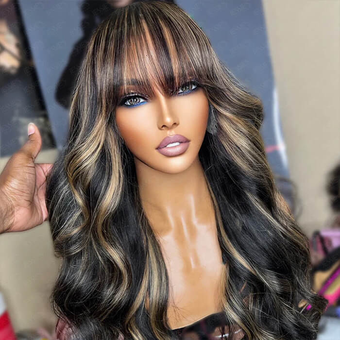 P1B/27 Balayage Blonde Highlights Glueless Body Wave Wig with Bangs 8x5 Pre Cut HD Lace Curtain Bangs Wig