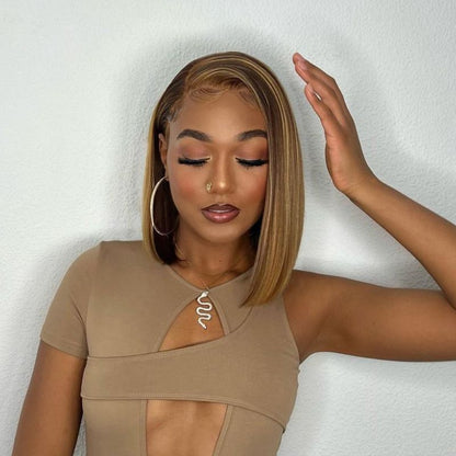 Honey Blonde Piano Highlights Color Bob Human Hair Wig Short Cut Wigs