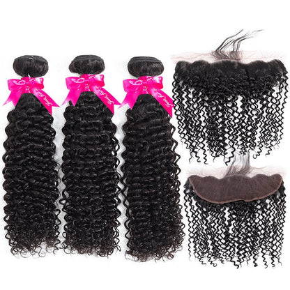 Kinky Curly Virgin Hair Weave 3 Bundles With 13*4 Lace Frontal
