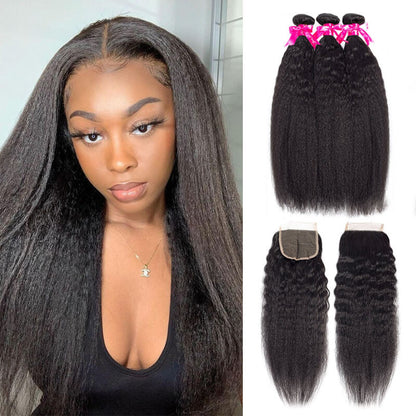 Kinky Straight Human Hair 3 Bundles With 4x4 Lace Closure