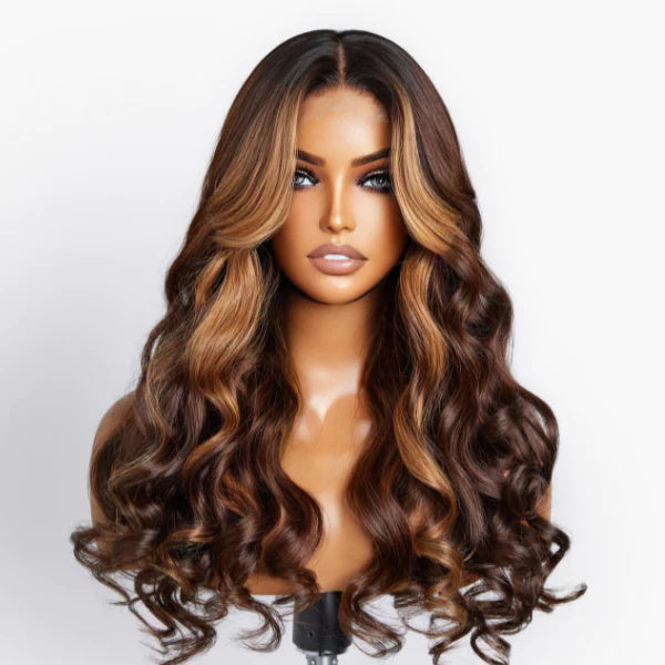 Brown Highlight Loose Wave Wigs 5x5/13x4/13x6 HD Lace Wig With Curtain Bangs