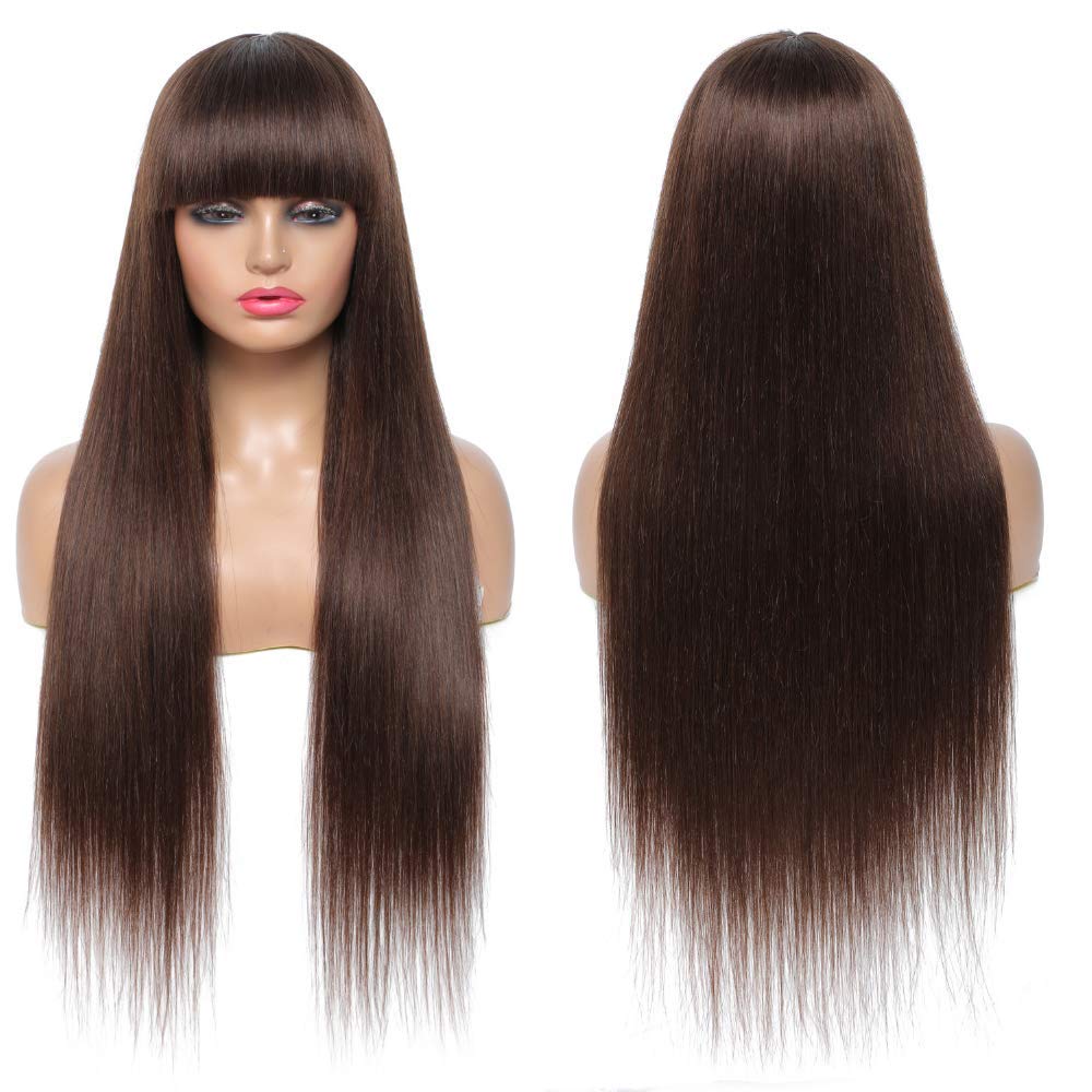 Glueless Brown Human Hair Wigs Straight Wig With Bangs Beginner Friendly