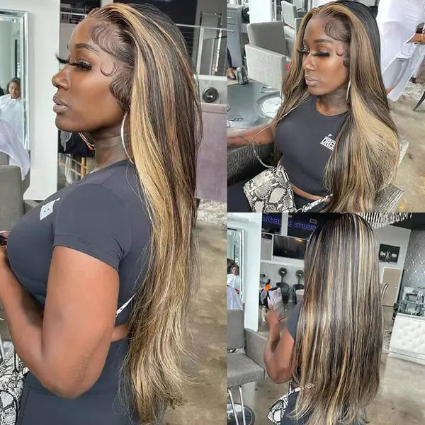 Balayage Highlight Colored HD Transparent 13x4 Lace Frontal Wigs 1B/27 Straight Human Hair Wigs Free Part