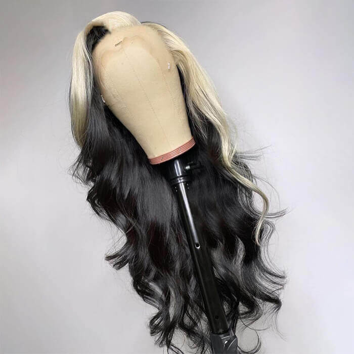 Skunk Stripe Wig with Honey Blonde Highlights Body Wave 13*4 Human Hair Lace Frontal Wig