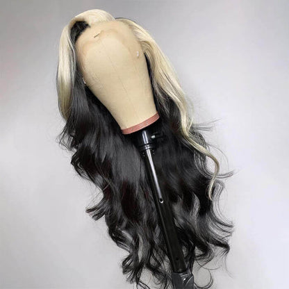 Skunk Stripe Wig with Honey Blonde Highlights Body Wave 13*4 Human Hair Lace Frontal Wig