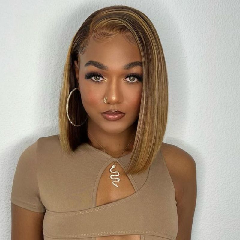 Honey Blonde Piano Highlights Color Bob Human Hair Wig Short Cut Wigs