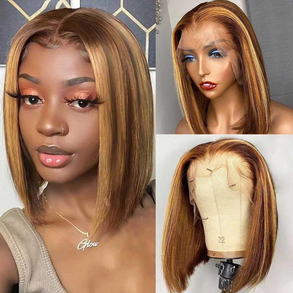 Honey Blonde Piano Highlights Color Bob Human Hair Wig Short Cut Wigs