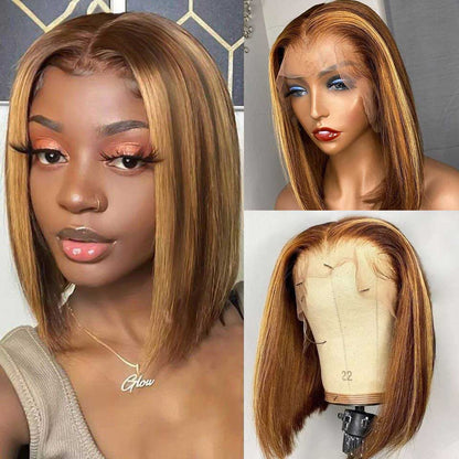 Honey Blonde Piano Highlights Color Bob Human Hair Wig Short Cut Wigs