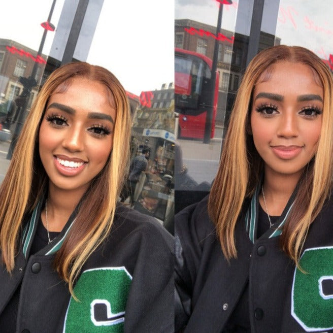 Honey Blonde Piano Highlights Color Bob Human Hair Wig Short Cut Wigs