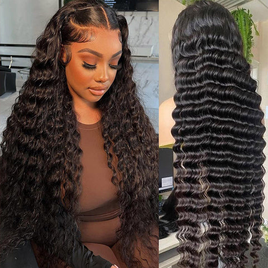 13x6 HD Full Lace Frontal Wigs Invisible HD Lace Deep Wave Front Wigs Pre Bleached Knots Plucked Hairline