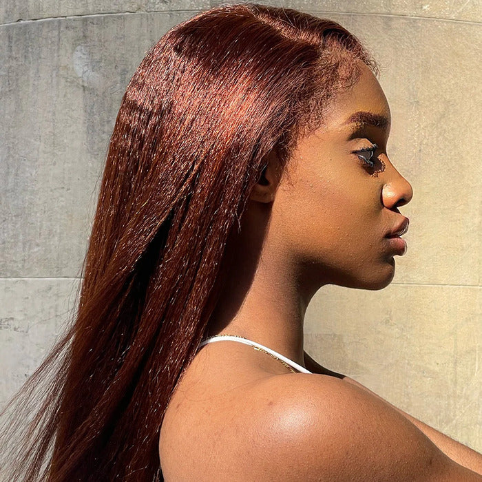 Type 4C Edges Reddish Brown Kinky Straight HD Lace Front Wig Glueless Yaki Human Hair Wigs