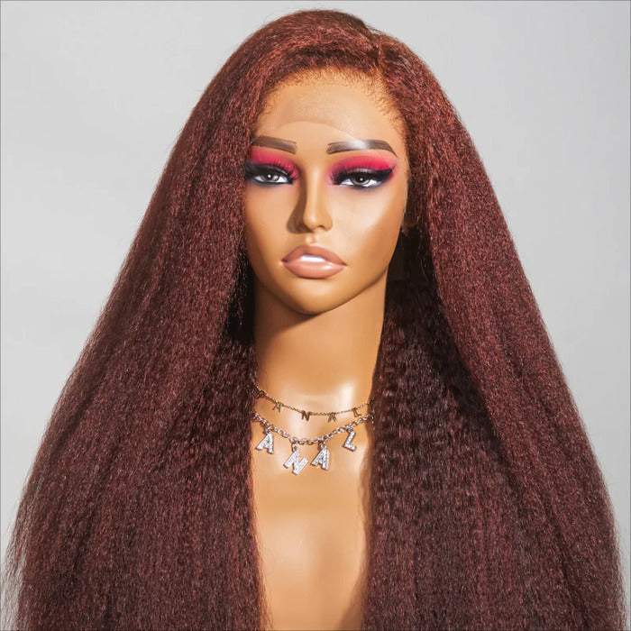 Type 4C Edges Reddish Brown Kinky Straight HD Lace Front Wig Glueless Yaki Human Hair Wigs