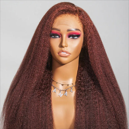 Type 4C Edges Reddish Brown Kinky Straight HD Lace Front Wig Glueless Yaki Human Hair Wigs