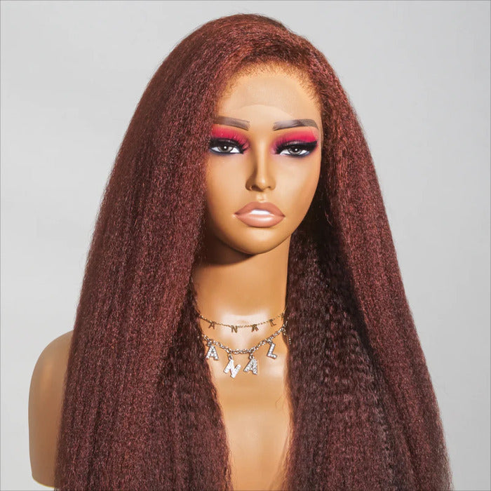 Type 4C Edges Reddish Brown Kinky Straight HD Lace Front Wig Glueless Yaki Human Hair Wigs