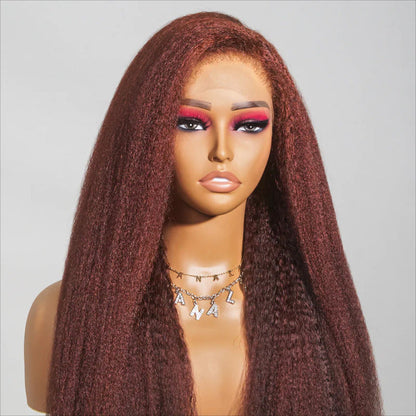 Type 4C Edges Reddish Brown Kinky Straight HD Lace Front Wig Glueless Yaki Human Hair Wigs