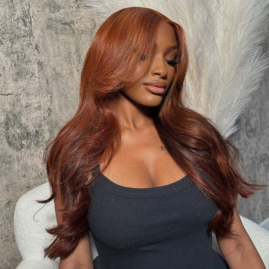 Curtain Bangs Glueless HD Lace Wig Reddish Brown Straight Human Hair Wigs with Adjustable Strap
