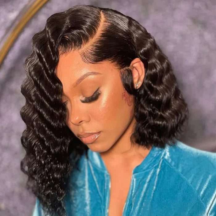 Asymmetrical Bob Wigs Deep Wave Bob Wigs HD Lace Wig with With Side Parting Short Cut Wigs
